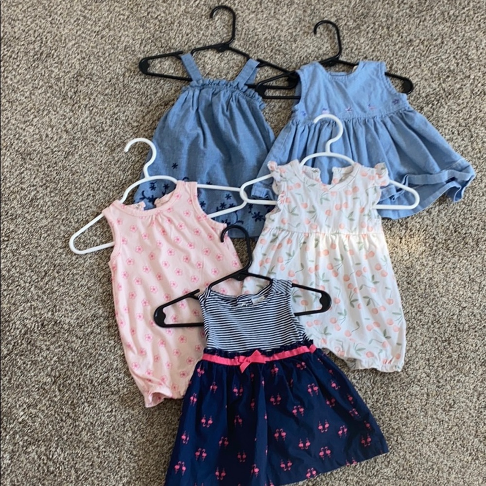 Lot of 5 - 3 dresses 2 rompers carters gap 0-3 mo